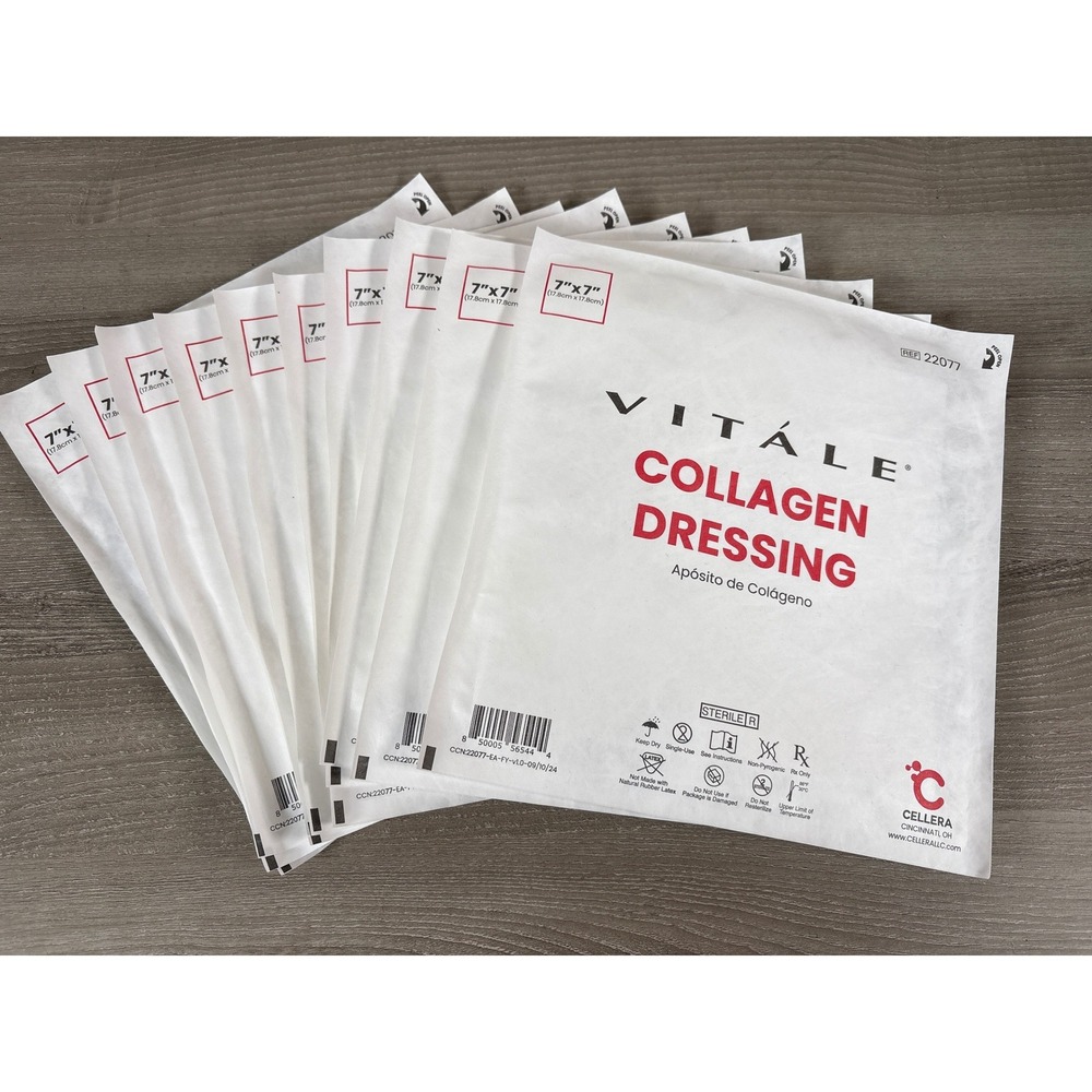 Vitale Collagen Dressing 7x7 Sterile Wound Care Sheets 10 Pk REF 22077 Exp 2030